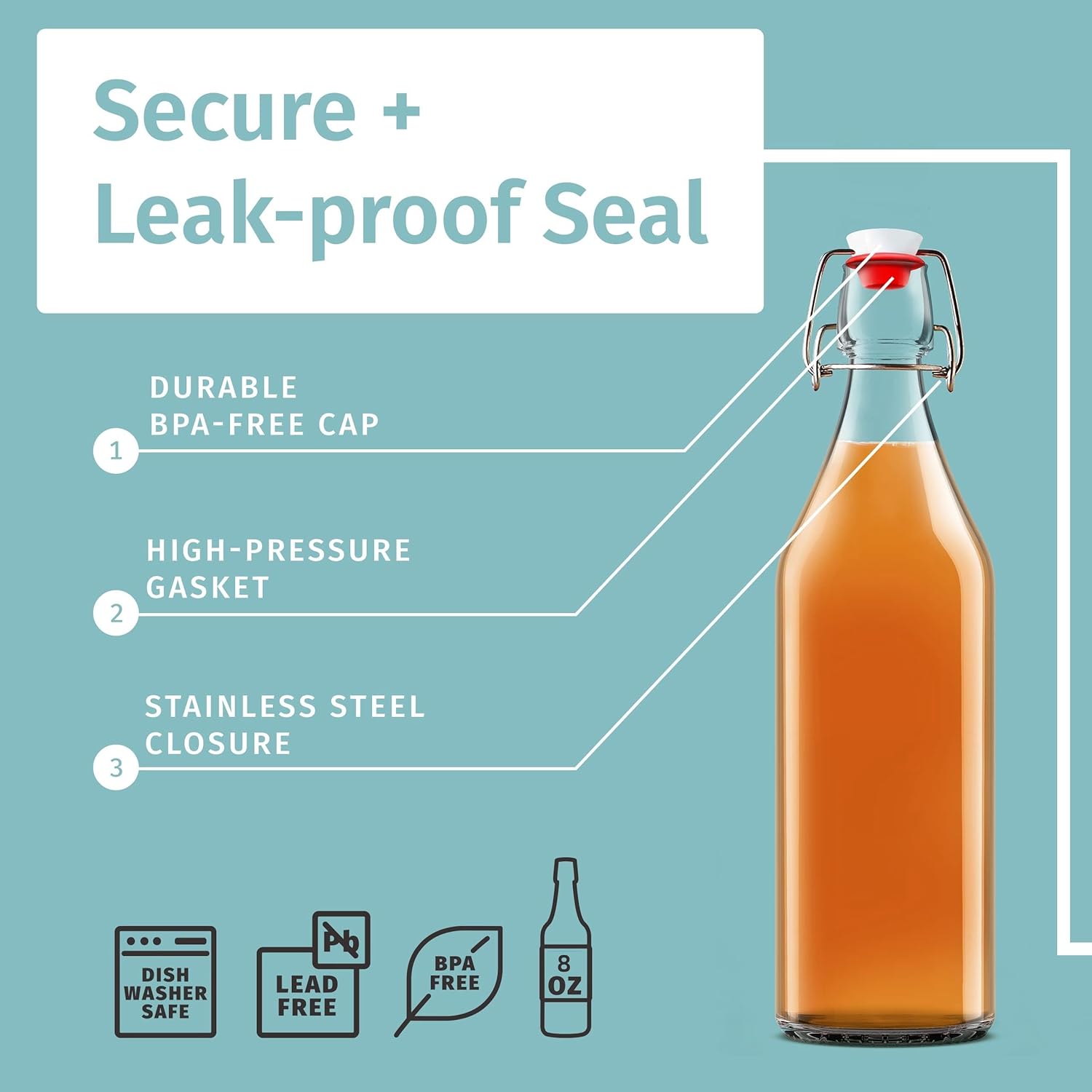 Clip-on glass storage bottle with lid for brewing beer, wine, spices, drinks, oil, vinegar, kombucha and water โ image 3