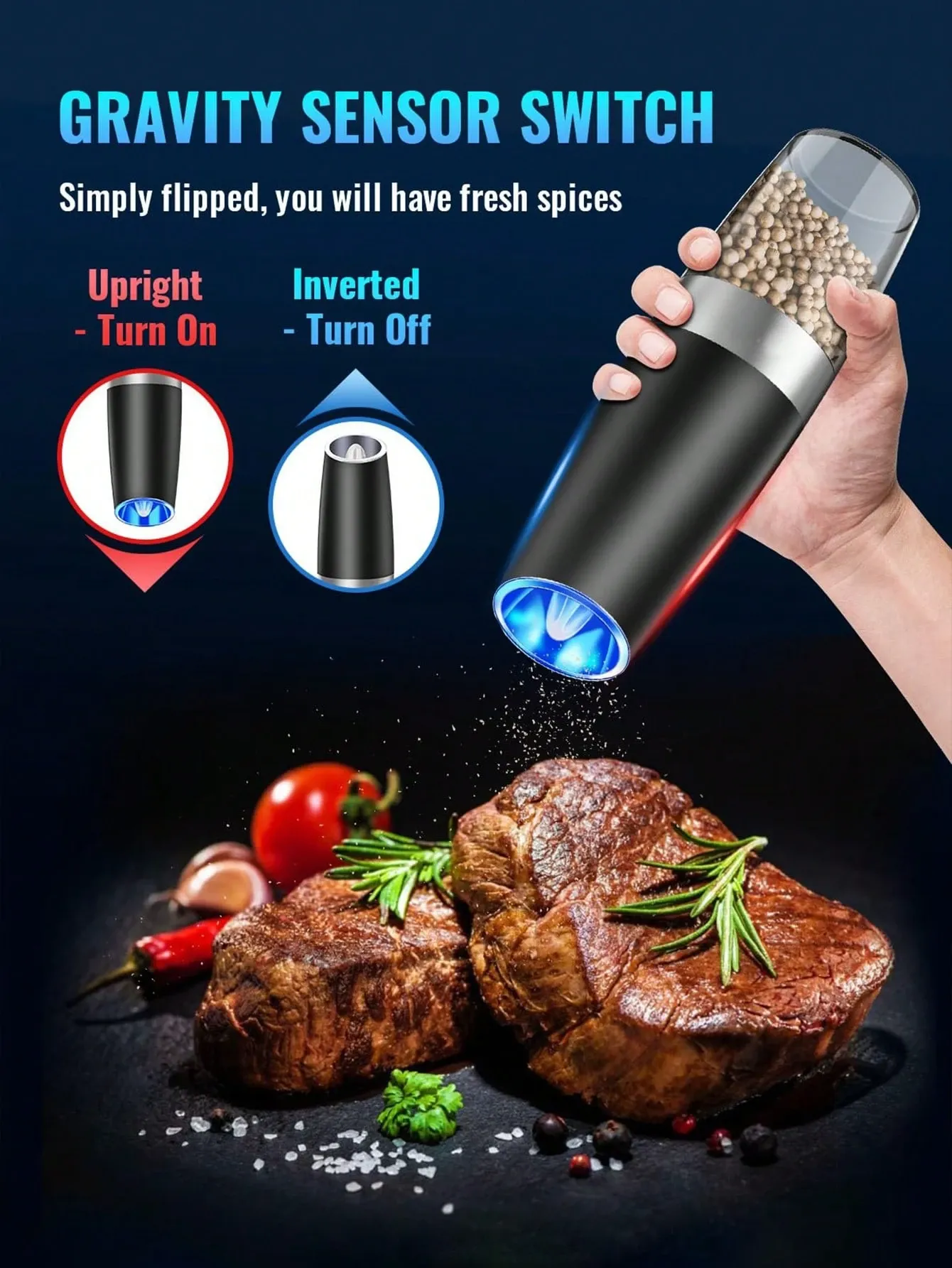 1pcs Gravity Electric Salt Pepper Grinder Set LED Lights Battery Powered One Hand Operation Adjustable Thickness Grinding Shaker Kitchen Gadgets Accessories — image 4