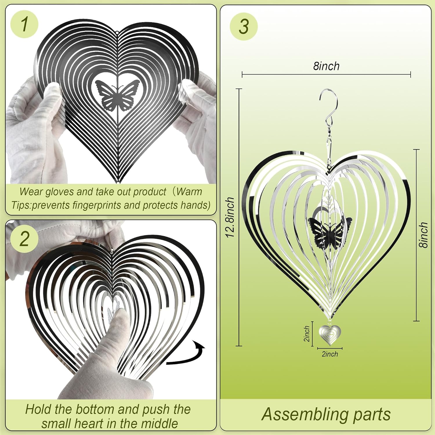 HOOSUN Metal Wind Spinners Outdoor for Yard and Garden Decor,Reflective Bird Deterrents for Outside Windows Patio Porch,Stainless Steel 3D Hanging Heart — image 6