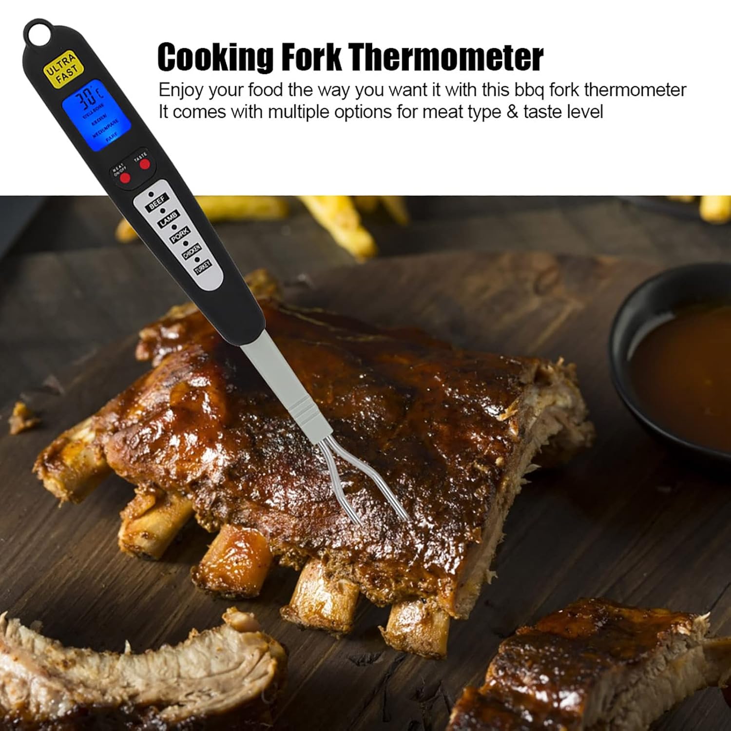 Digital Meat Thermometer Fork, Fast Read Grill Thermometer with LED Display and Stainless Steel Probes for Steak Chicken Pork Turkey Hot Grilled Food — image 4