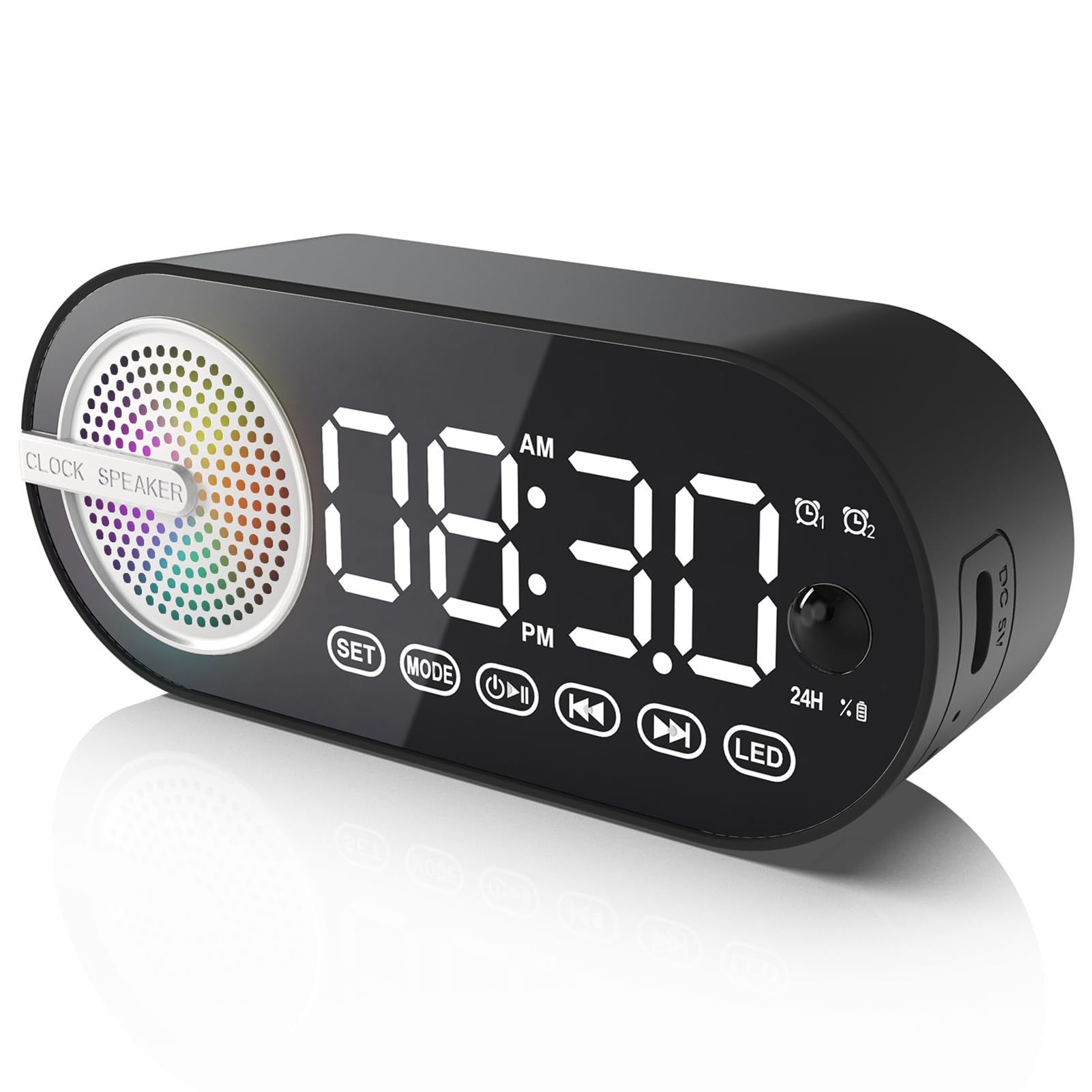 Digital Alarm Clock with Bluetooth Speaker, Dual Alarm Clock for Bedroom Heavy Sleeper Wireless Speaker (Black)