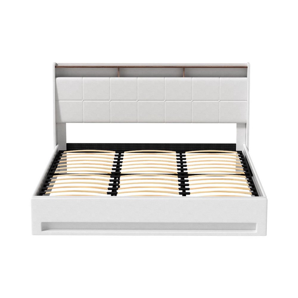 Artiss Bed Frame Gas Lift LED Beds Base Platform White PVC Leather Storage Headboard - King โ image 3