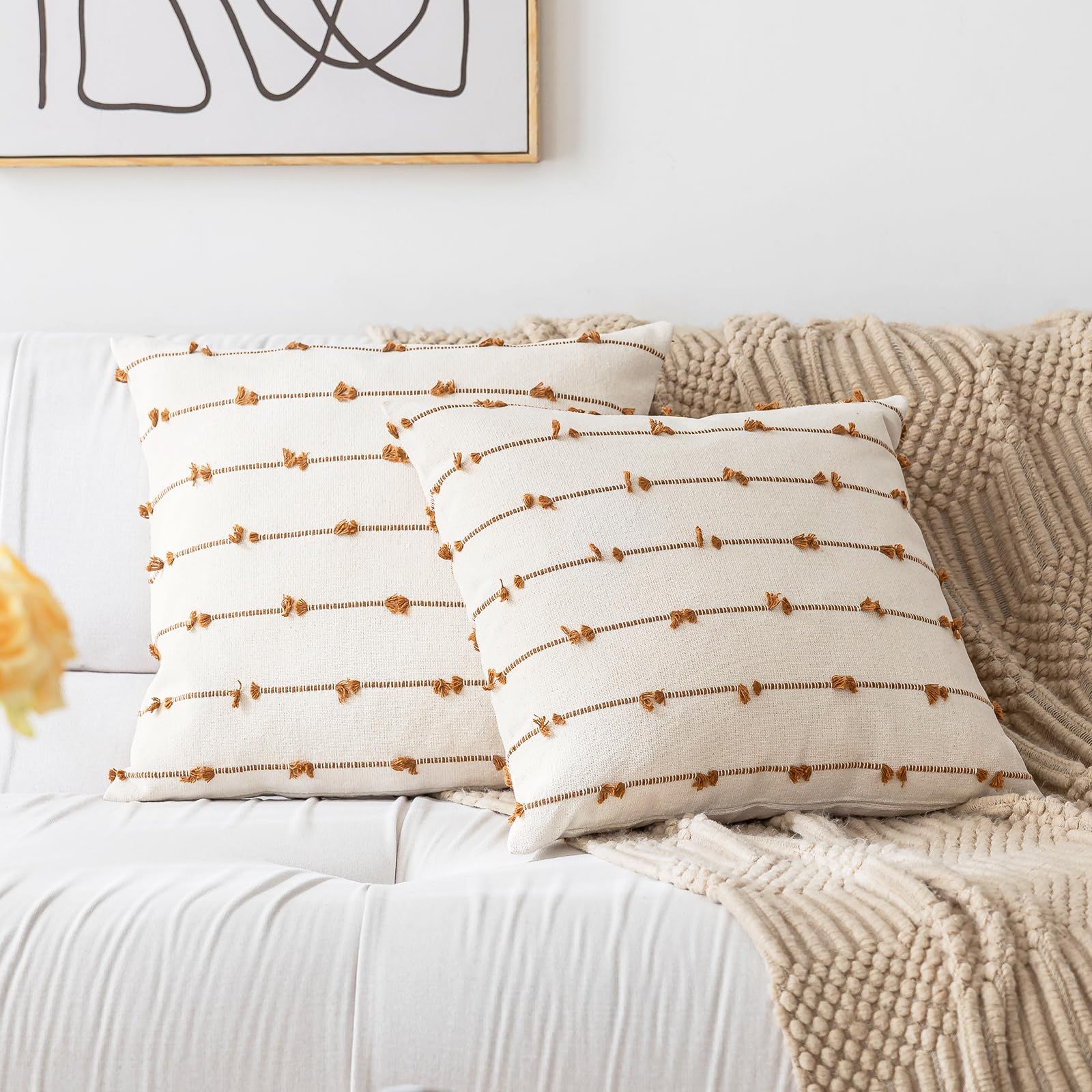 Boho Throw Pillow Covers 18x18 Set of 2 Modern Farmhouse Decorative Cushion Case Tufted Square Pillows Cover Neutral Pillow — image 5