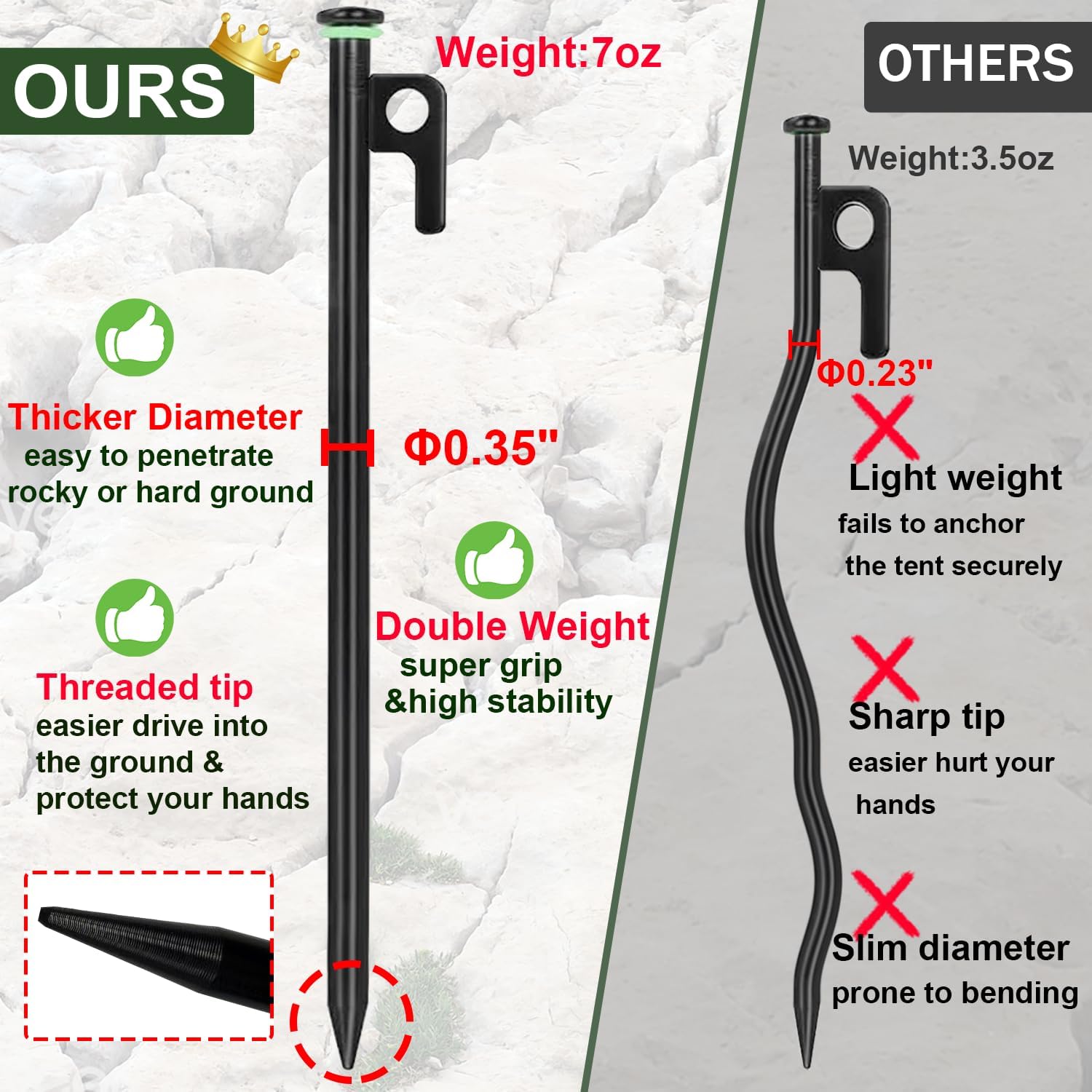 20Pcs Tent Stakes, 16in Heavy Duty Tent Stakes, Dia 0.35" Forged Steel Stakes Heavy Duty for Tent Used on Rocks, Grassland, Snowfield(20Pcs 16in Stakes) — image 2