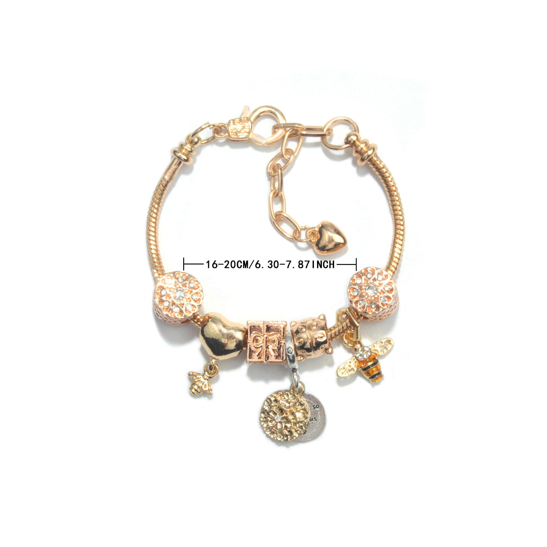 Golden Heart & Bee Charm Bracelet with Rhinestones, Hollow Flower & Gift Box Beads(18cm) โ image 6