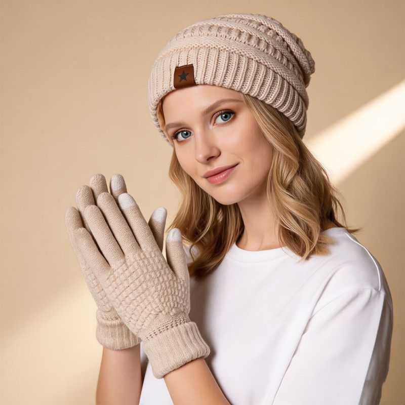 Vintage Cable-Knit Fleece-Lined Beanie & Touchscreen Gloves Set, Women’s Warm Winter Knit Hat 2-Piece Set—Gray — image 4