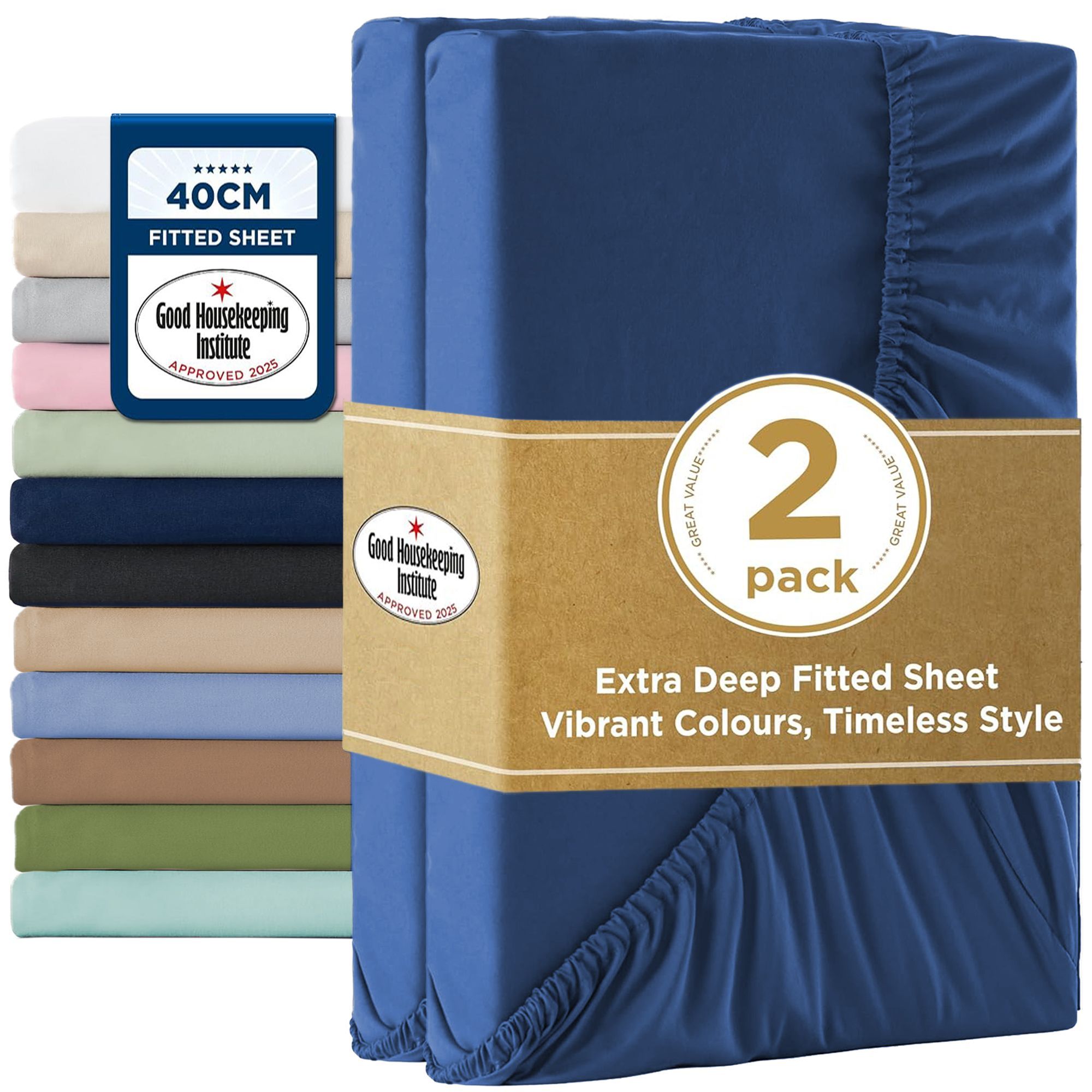 2000TC Hotel Quality Fitted Sheets - 2 Piece Fitted Sheets -Breathable Bedding - Wrinkle, Fade, Stain Resistant- 16inch/40cm Deep Pocket Fitted Bed
