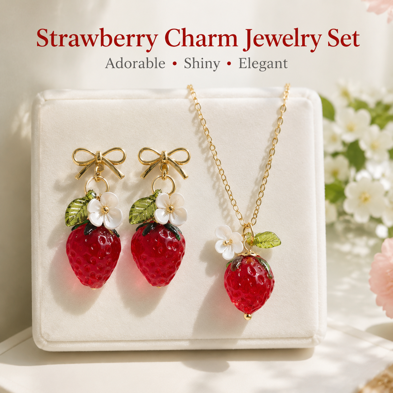 Cute Crystal Strawberry Pendant Jewelry Set for Women with Flower Berries Leaves Bow Earrings and Necklace - Vintage Gold Plated Fruit Charm Accessories Gift