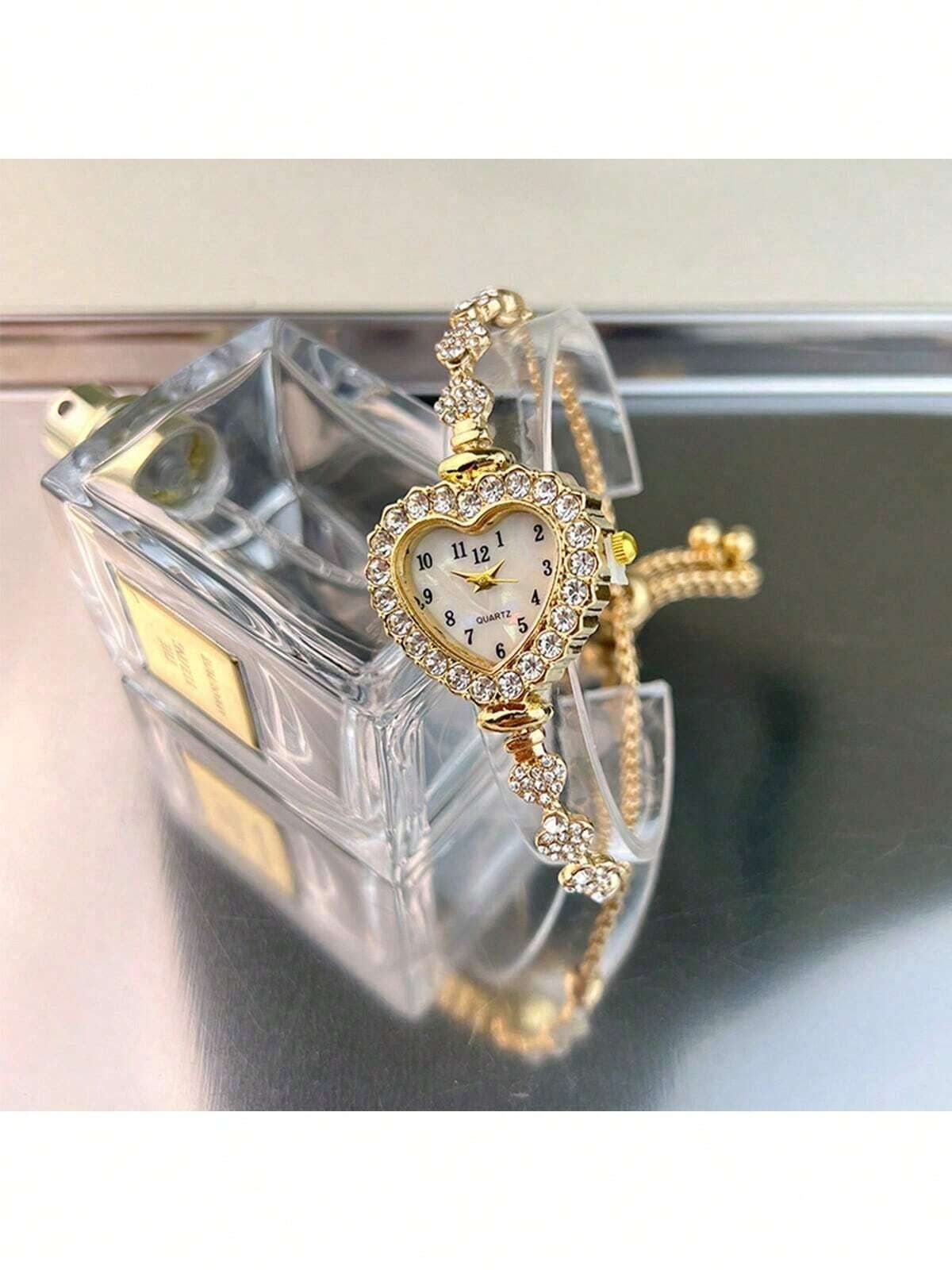 1pc Women s Gold Color Alloy Bracelet Heart Shaped Watch Case Arabic Numerals Dial Adjustable Drawstring Strap Daily Decoration Holiday Gift — image 4