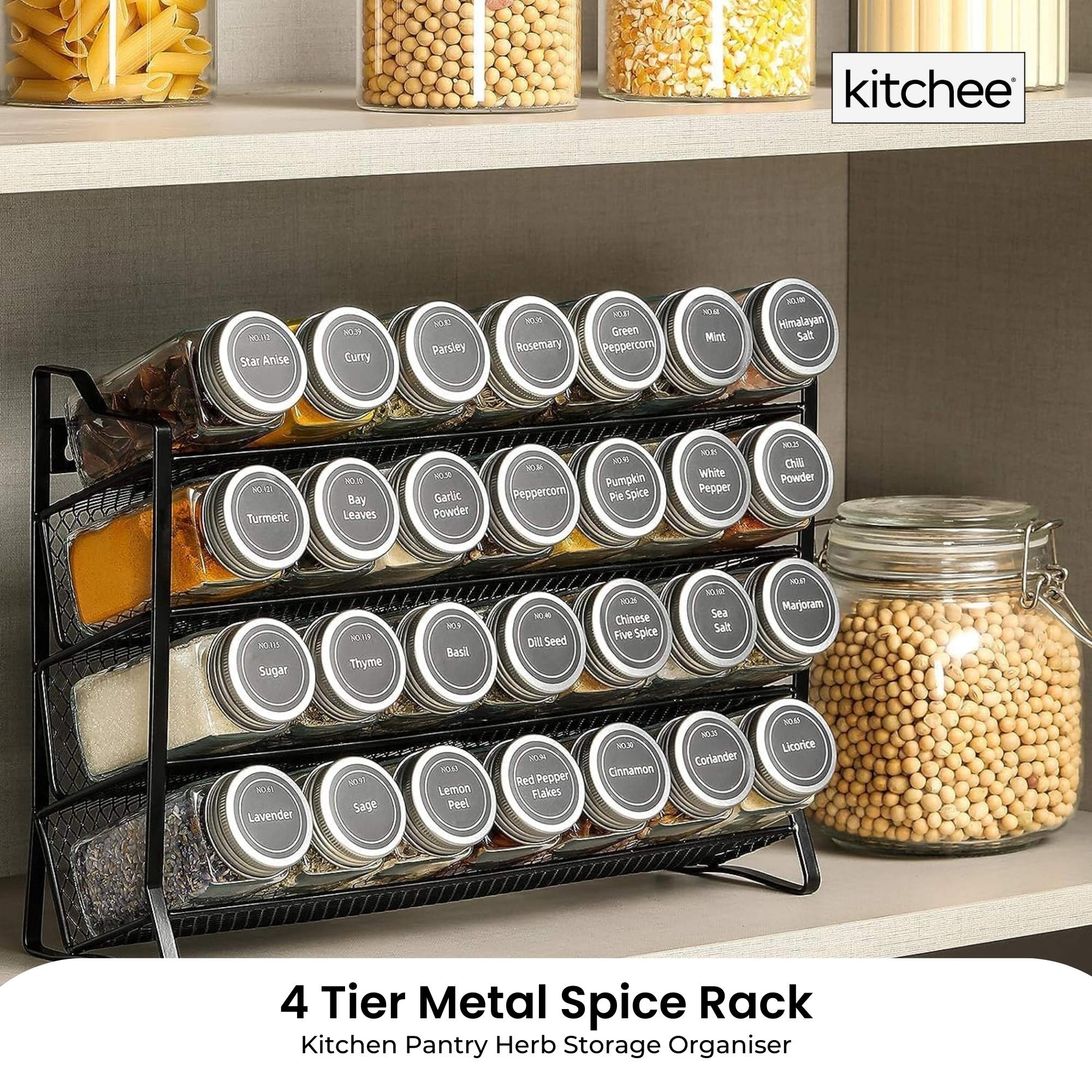 4 Tier Metal Spice Rack + 28 Glass Jars - Kitchen Pantry Herb Storage Organiser — image 2
