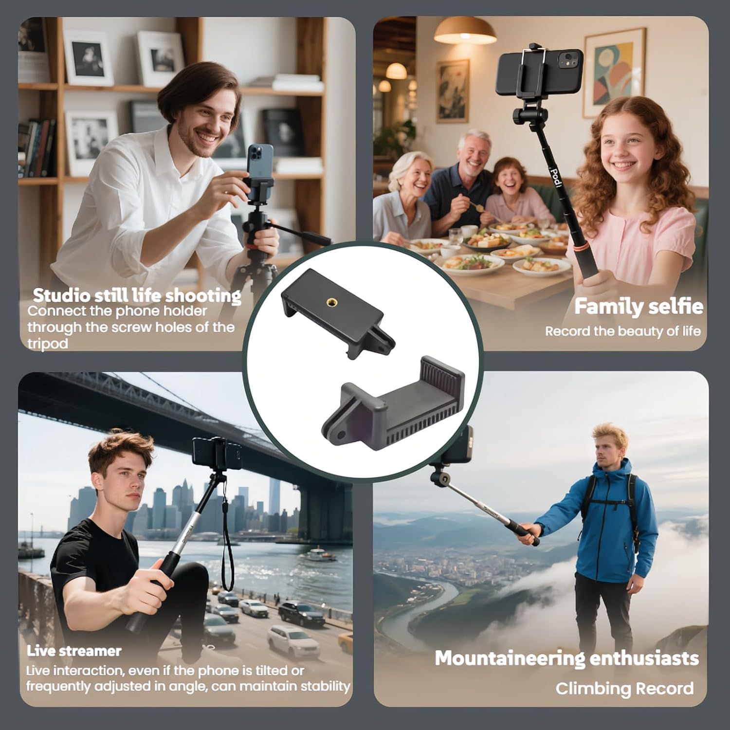All Phone Holder – No Tools Needed! Spring Clamp Fits 55-85mm Phones, Sturdy E-Base for Car Rides, Zoom Calls & Outdoor Filming 360° Adjustable, Soft TPU — image 6