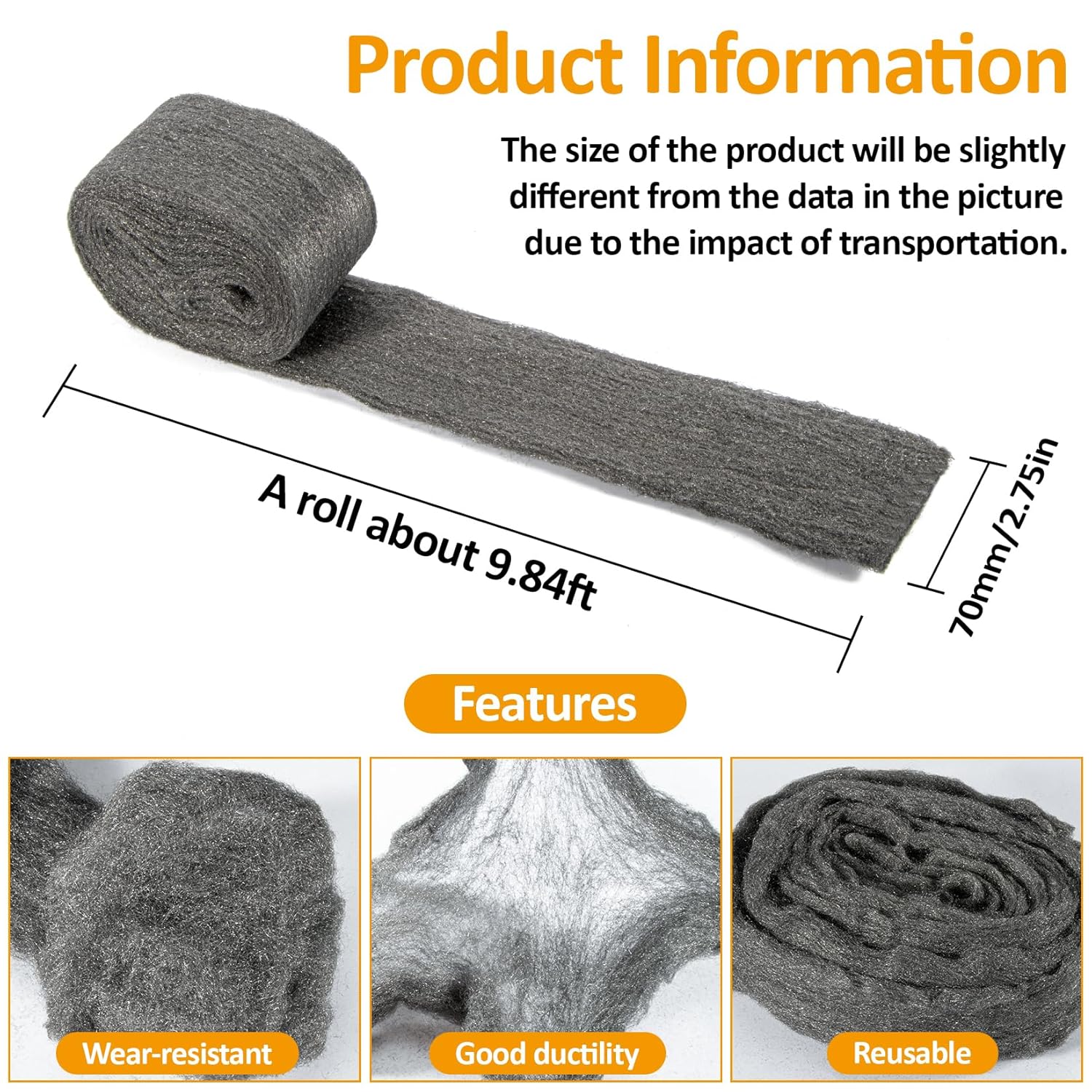 Steel Wool 0000 15oz(30ft) - 0000 Steel Wool for Glass Fine Steel Pads for Chrome or Wood Polishing Weep Hole Covers for Brick Walls Fill Fabric l Fabric Pad — image 2