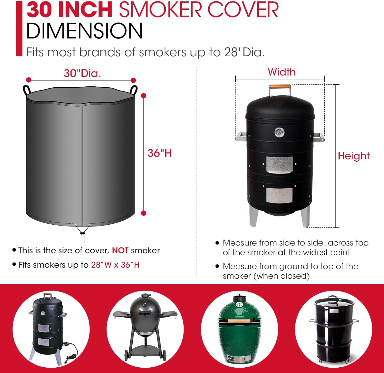 Round Smoker Cover 30 Inch, Heavy Duty Waterproof Charcoal Kettle BBQ Grill Cover, Fade Resistant Barrel Protector, Fits Weber Char-Griller Akorn Kamado and — image 2