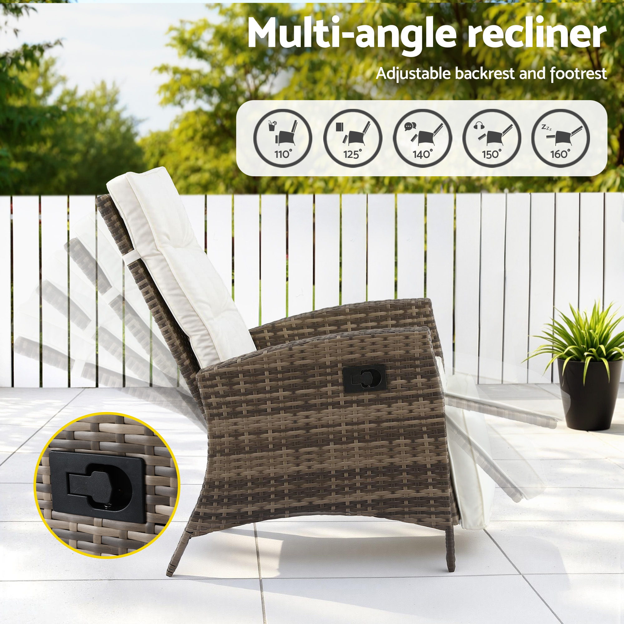Gardeon 3PC Outdoor Bistro Set Recliner Chairs Table Sun lounge Patio Furniture Wicker Adjustable — image 5