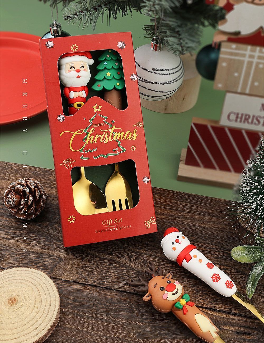 Xmas Themed Stainless Steel Dessert Spoon Fork Box, 2 Large Gold Tableware Style B, Suitable for Festive Table Layout and Christmas Gift Giving — image 6