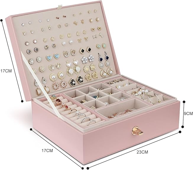 Jewelry Box for Storing Necklaces, Earrings, Bracelets and Rings, Large PU Leather with 3 Layers Stackable Jewelry Box, Pink Pink-tfrf Pink โ image 4