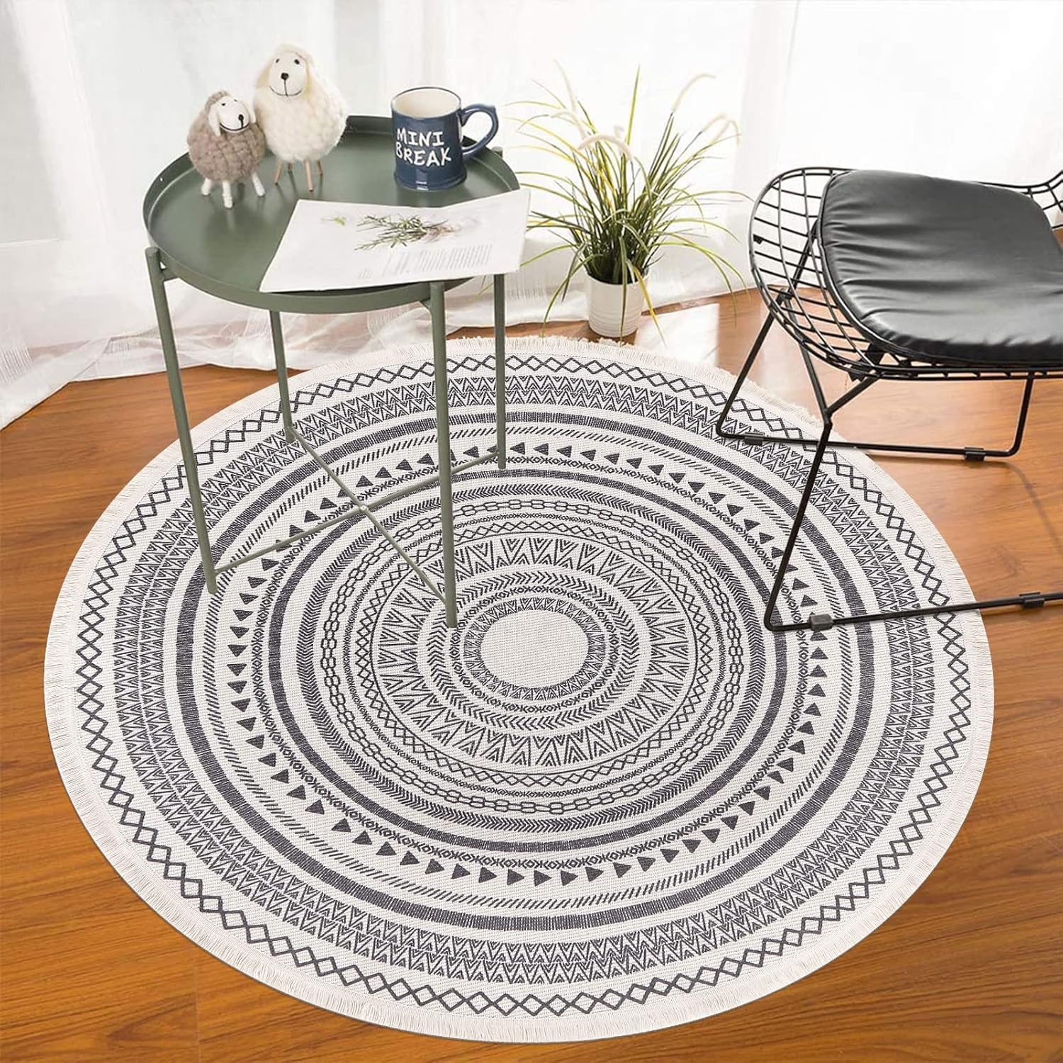 Grey Round Woven Cotton Rug with Fringes 120cm Washable Absorbent Rug Moroccan Style Print 120*120CM—yux 120*120CM — image 2