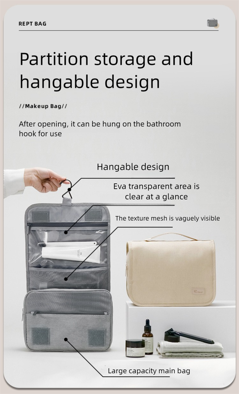 Beige Eco-Friendly RPET Hanging Toiletry Bag - Large Capacity Waterproof Travel Makeup Organizer โ image 4