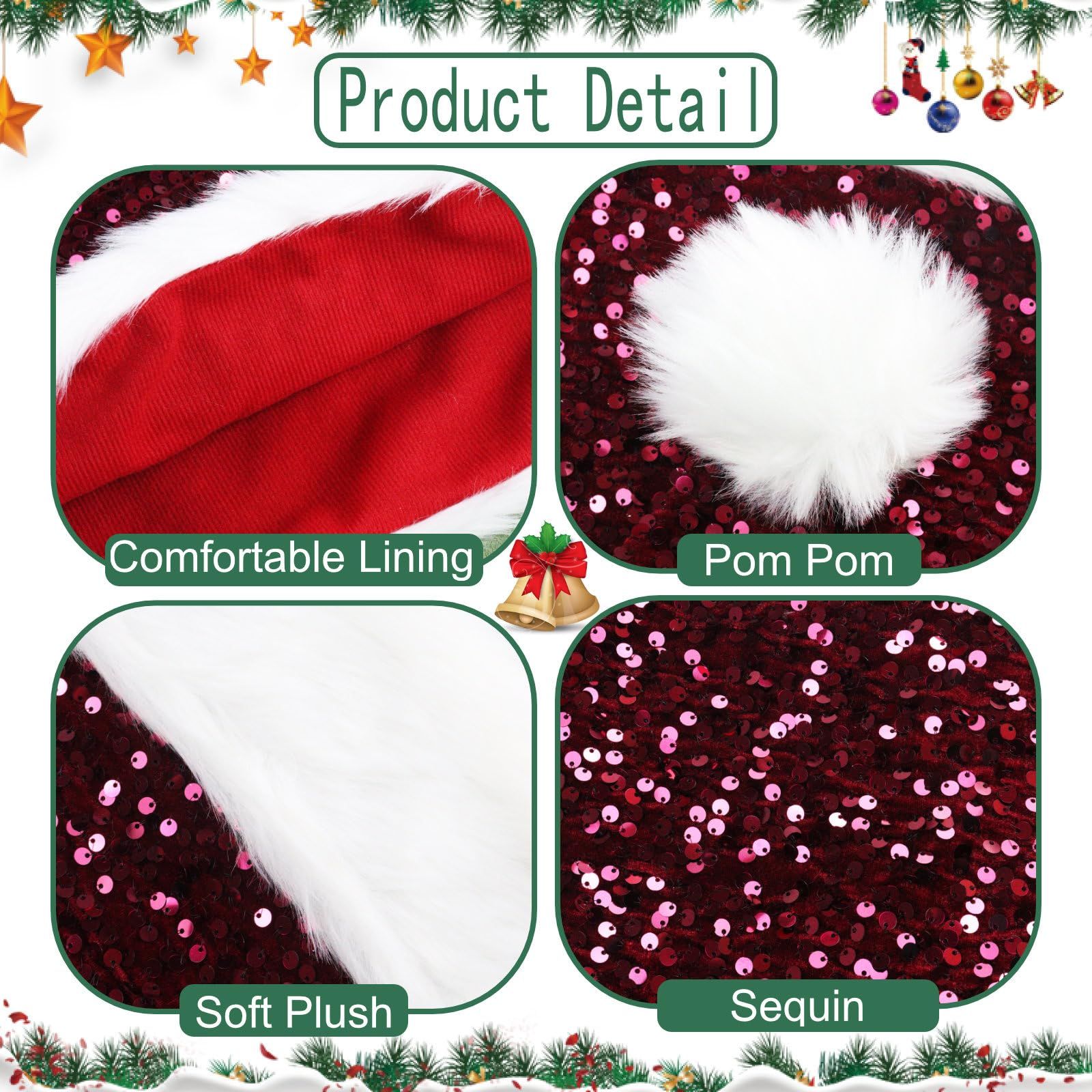 Santa Hat, Christmas Hats for Women or Men, Soft Adults Holiday Hat for Santa Claus New Year Party Supplies — image 5