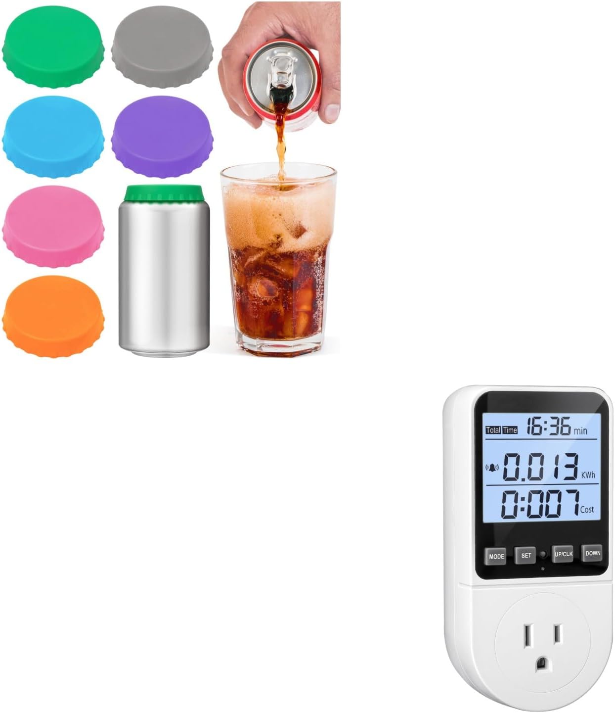 6 Pack Silicone Soda Can Cover Lids, Reusable Soda Can Lids Beer Can Covers + Upgraded Watt Meter, Watt Usage Meter Plug Home Energy Monitor Consumption