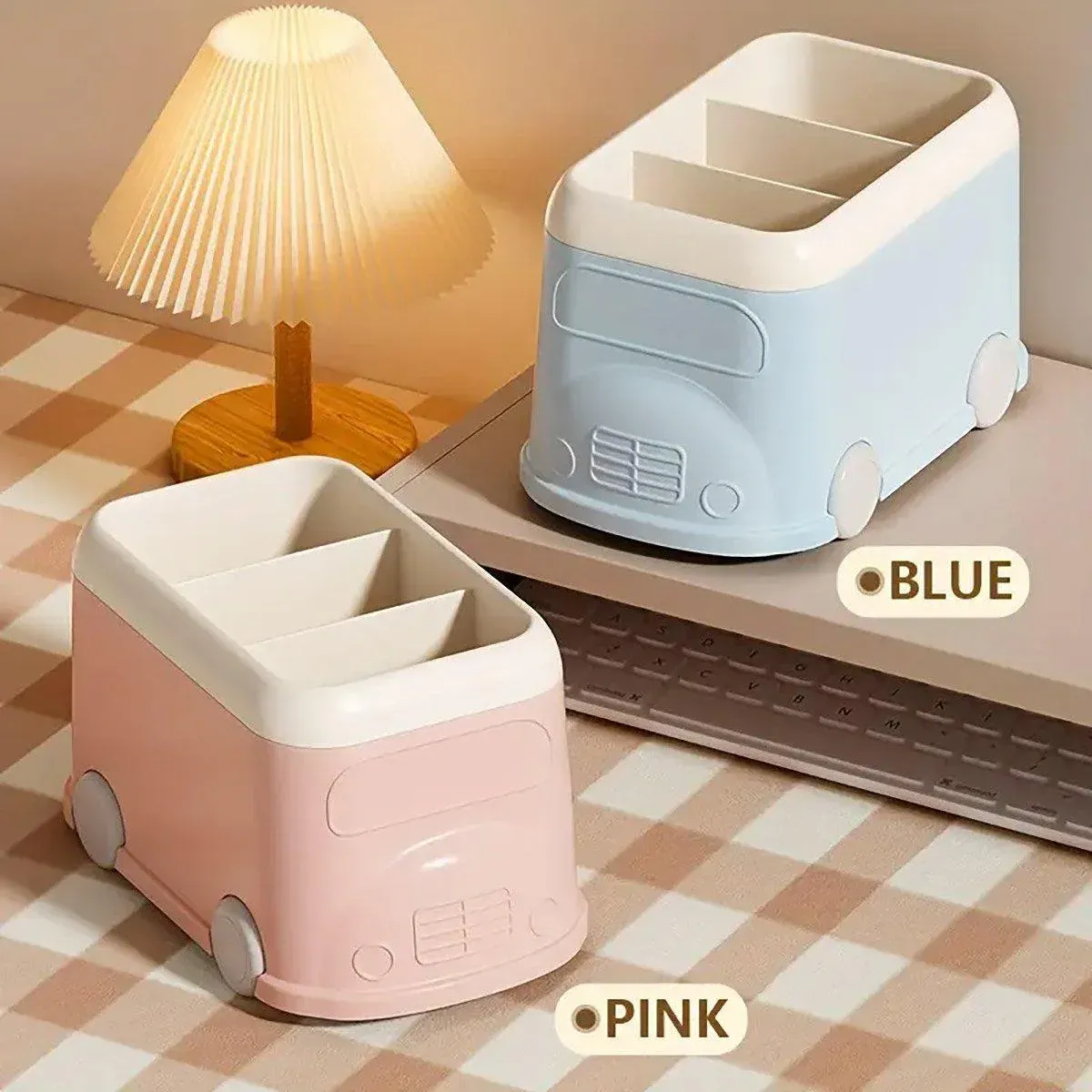 Cartoon Desktop Pen Holder Multi-Compartment Stationery Organizer Storage Box - Blue — image 5