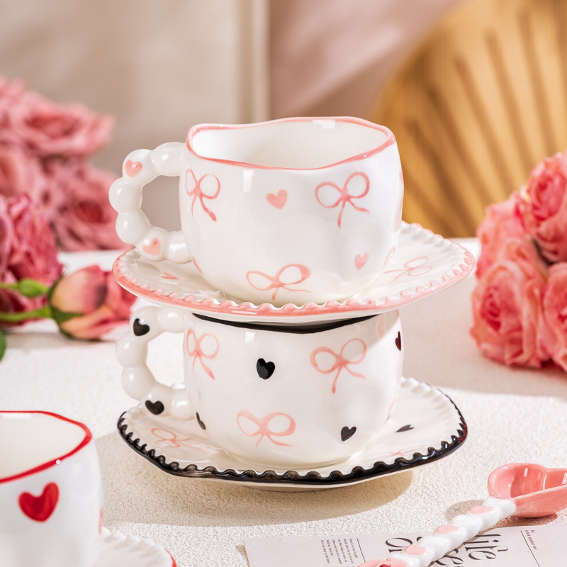 Hand-Painted Ceramic Coffee Mug and Saucer Set - Whimsical Afternoon Tea Cup with Spoon(Smiley pink flower) — image 4