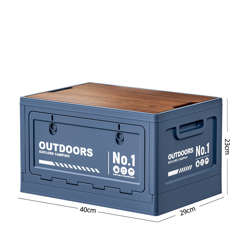 40cm Blue Multifunctional Foldable Storage Box with Wooden Lid - Collapsible Outdoor Camping Crate, Stackable Home Organizer with Side-Opening Doors for Car