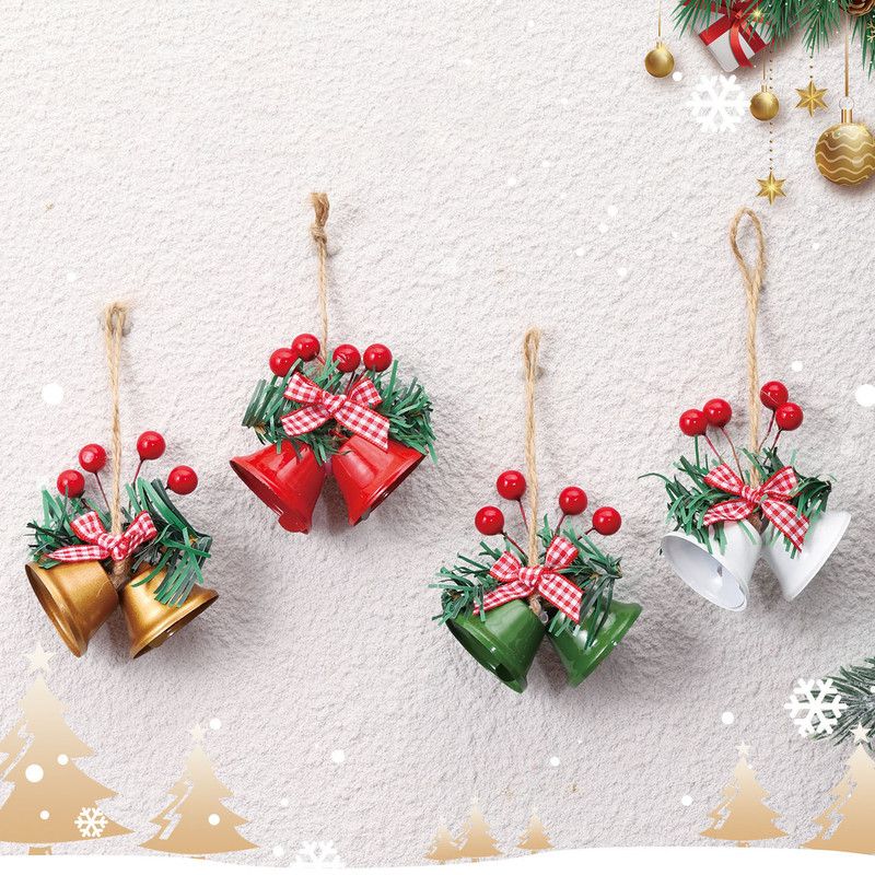 Christmas Bell Ornaments, 6Pcs Xmas Double Bells Hanging Decorations with Red Berries, Plaid Bow & Pine Needles, Holiday Home Party Wreath Decor โ image 2