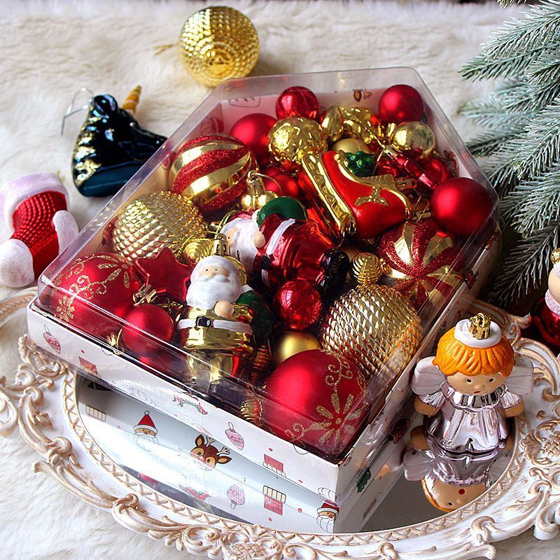 72 Pieces Christmas Assorted Ornaments Set Packed in House Shaped Gift Box, Electroplated Painted Baubles with Santa Sleigh Star Pendants, Gold Red — image 2