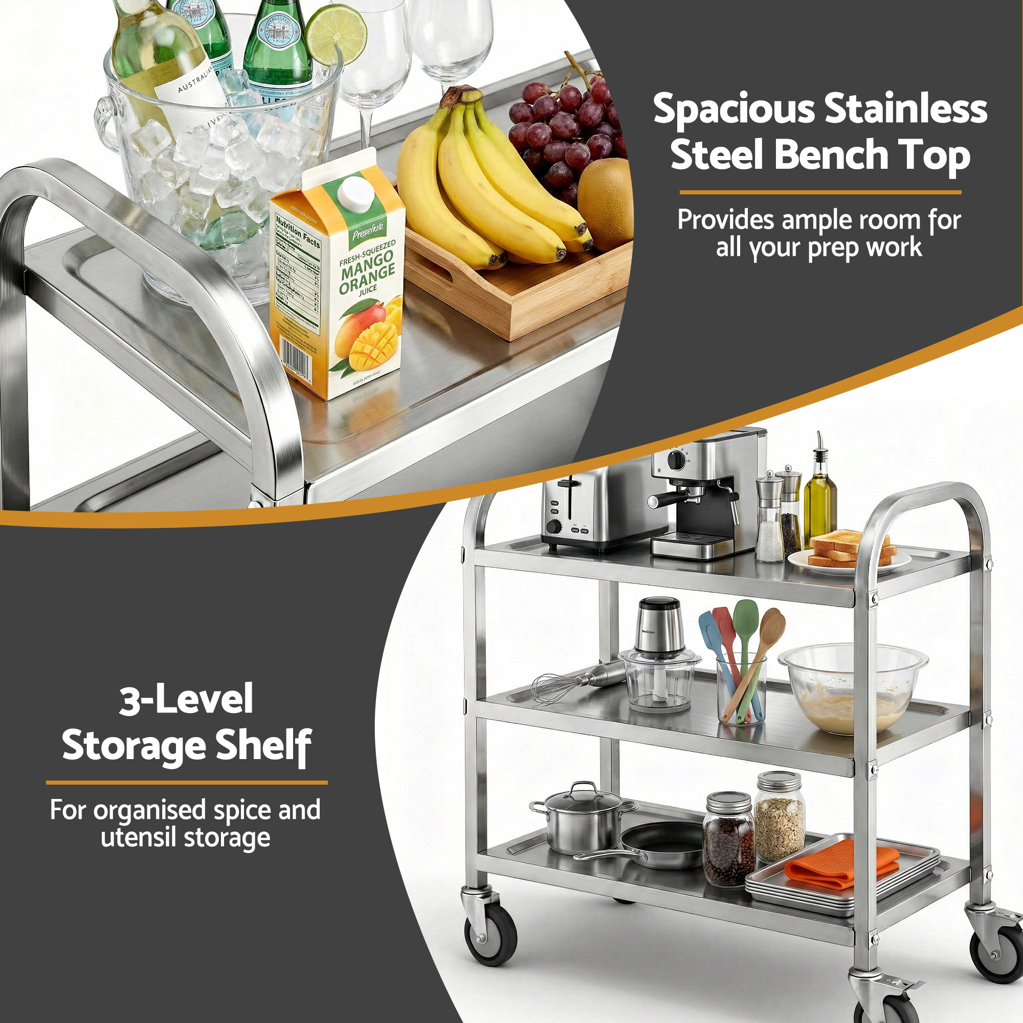 Cefito 3-Tier Stainless Steel Kitchen Trolley with Wheels 89X50X83cm — image 4