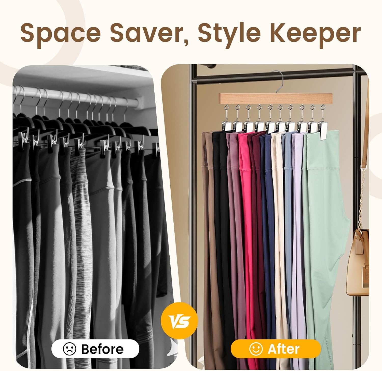 2 Pack Legging Hangers for Closet, Wooden Legging Hanger for Closet Organizer with 20 Upgraded Clips Holds 20 Leggings, 360° Rotatable Space Saving Yoga Pants — image 4