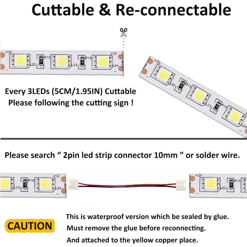 12V LED Strip Light Cool White 6500K, 5 Meters Flexible 300 LEDs 5050 Smd Ip65 Waterproof LED Strip [Energy Class A] — image 3