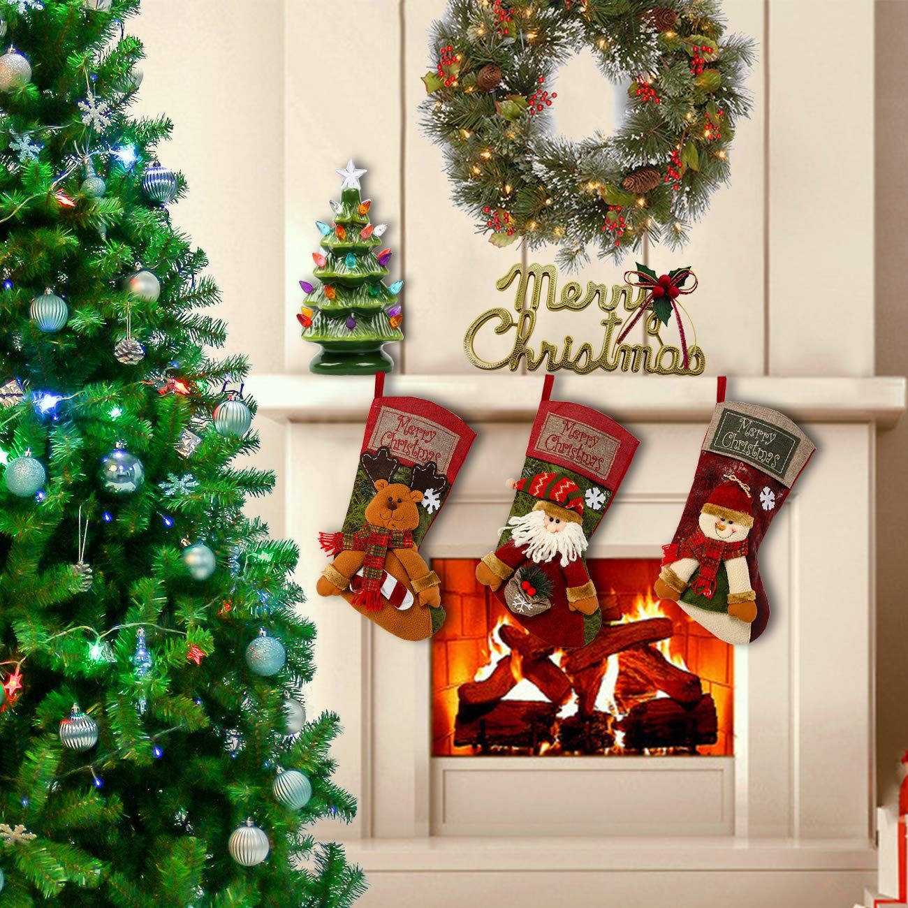 3 PCS 16.5" Christmas Stocking Classic Large Stockings Santa, Snowman, Reindeer Xmas Character for Family Holiday Christmas Party — image 2