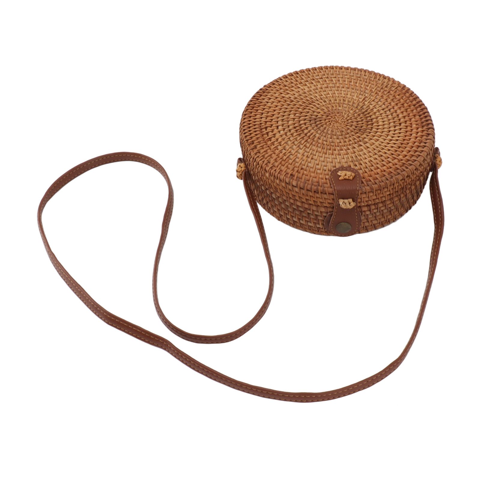 Handwoven Round Rattan Bag Tropical Beach Style Woven Shoulder Rattan Bag with Leather Strap 20cm Diameter Plain Colour Leather Buckle with Lining โ image 2