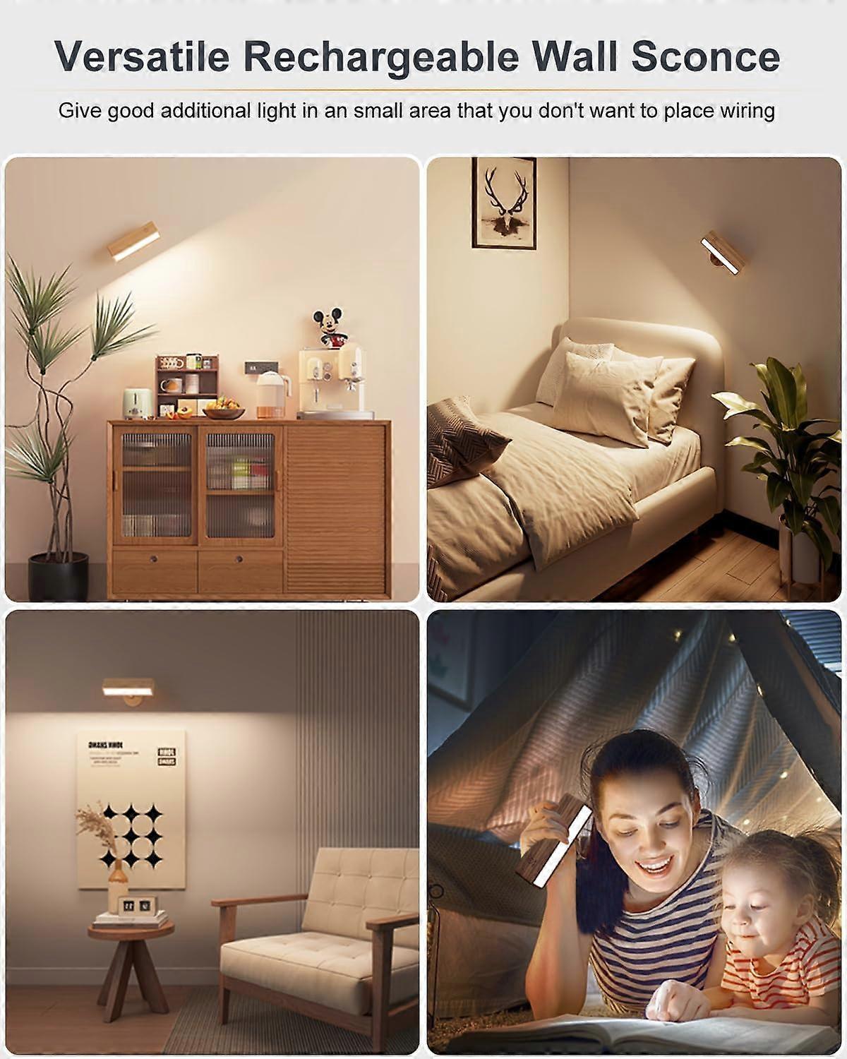 Battery Operated Wall Sconces Set of 2, Rechargeable Wood Wall Lights, Stick On — image 4