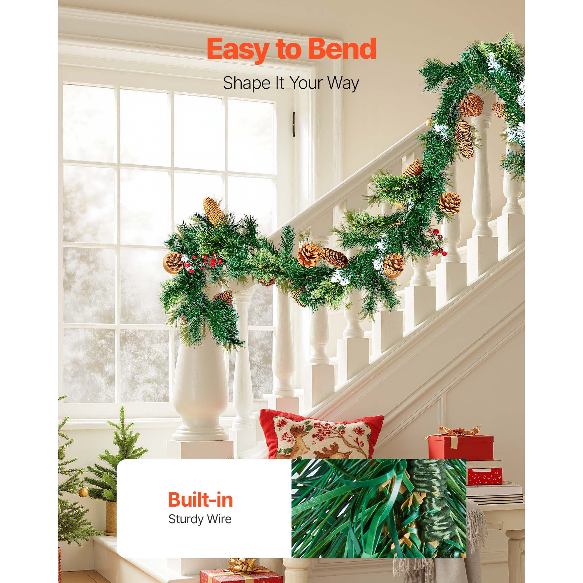 Christmas Garland, 2750mm Artificial Christmas Garland with Light String, Faux Greenery Decoration with Berry Clusters, Pine Needles, Pine Cones, Realistic — image 5