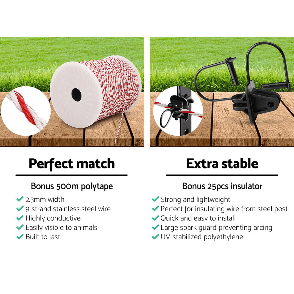 Giantz Fence Energiser 8KM Solar Powered Electric 500M Poly Wire Insulator — image 5