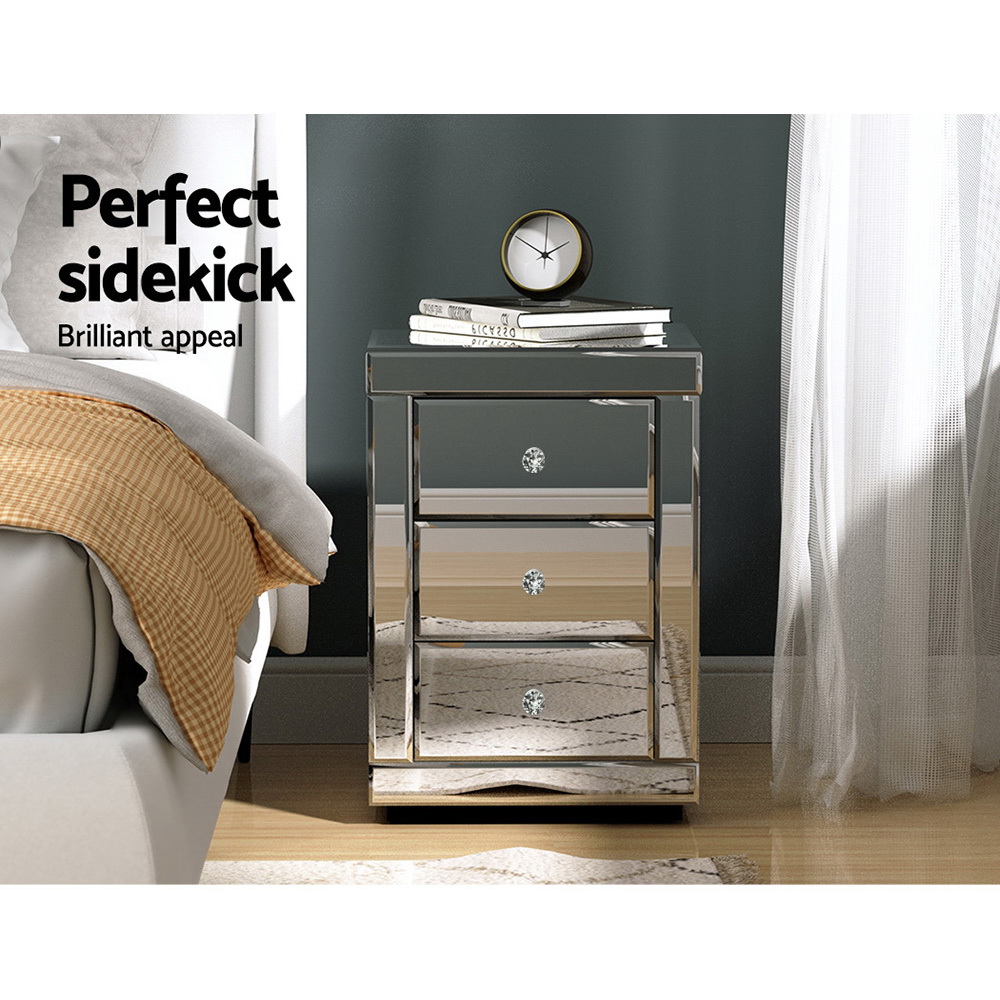 Artiss Set of 2 Bedside Table 3 Drawers Mirrored Glass - PRESIA Silver โ image 4