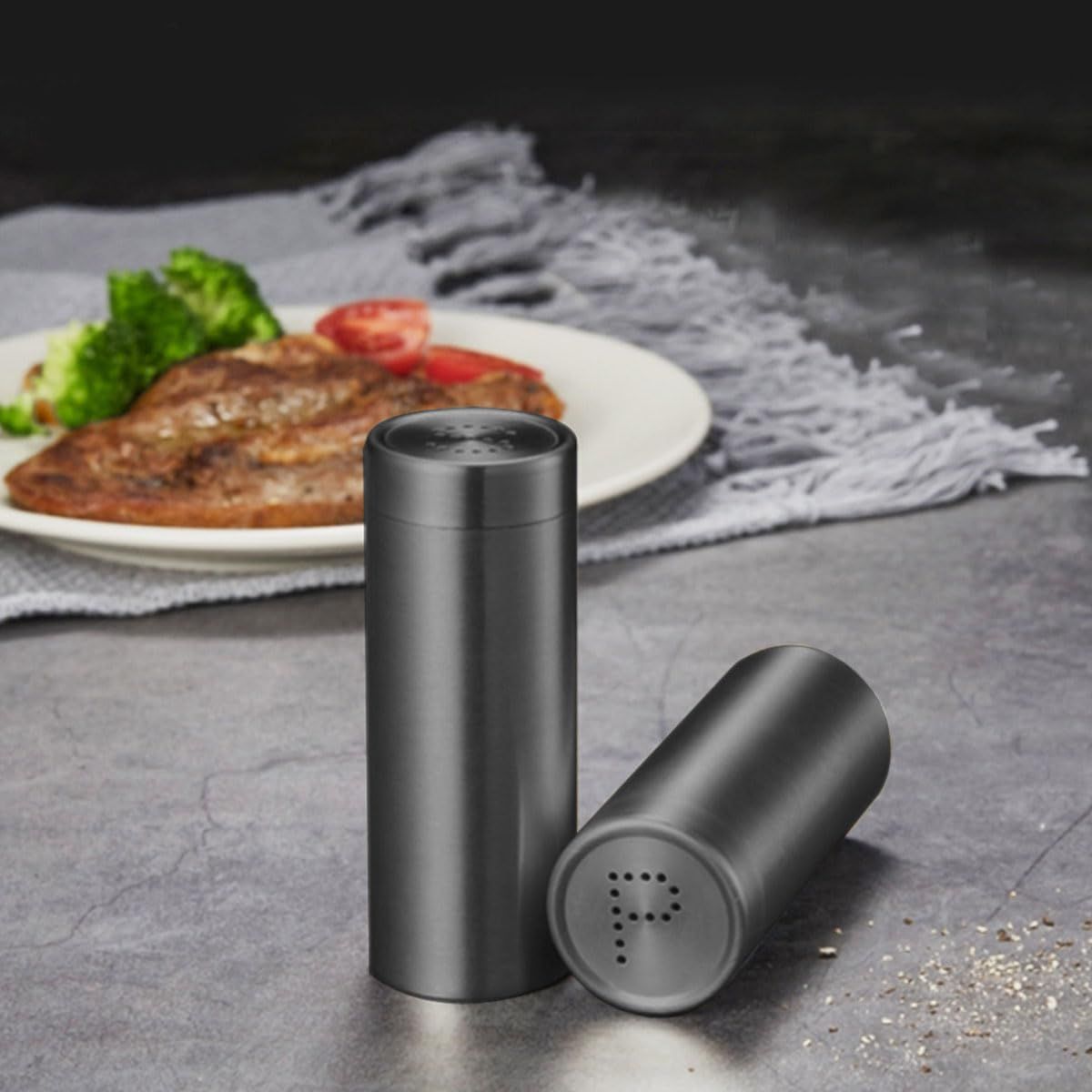 2-Pcs Salt Pepper Shakers,304 Stainless Steel Spice Jars Seasoning Dispenser for Salt Sugar Spice Pepper (Light Black) โ image 2