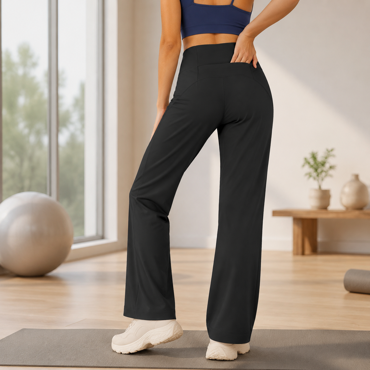 Black Womens High Waist Straight Leg Yoga Pants (XL size)- Loose Fit Full Length Activewear with Rear Waistband Pocket for Pilates, Studio and Everyday Wear โ image 4