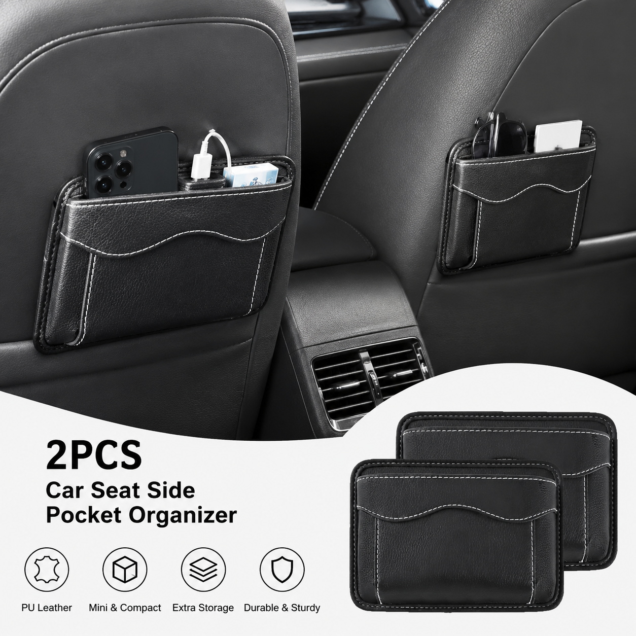 2Pcs Car Seat Side Pocket Organizer, PU Leather Mini Vehicle Phone Holder Storage Bag, Automotive Interior Tray Pouch Seat Gap Filler Accessories, Universal — image 4