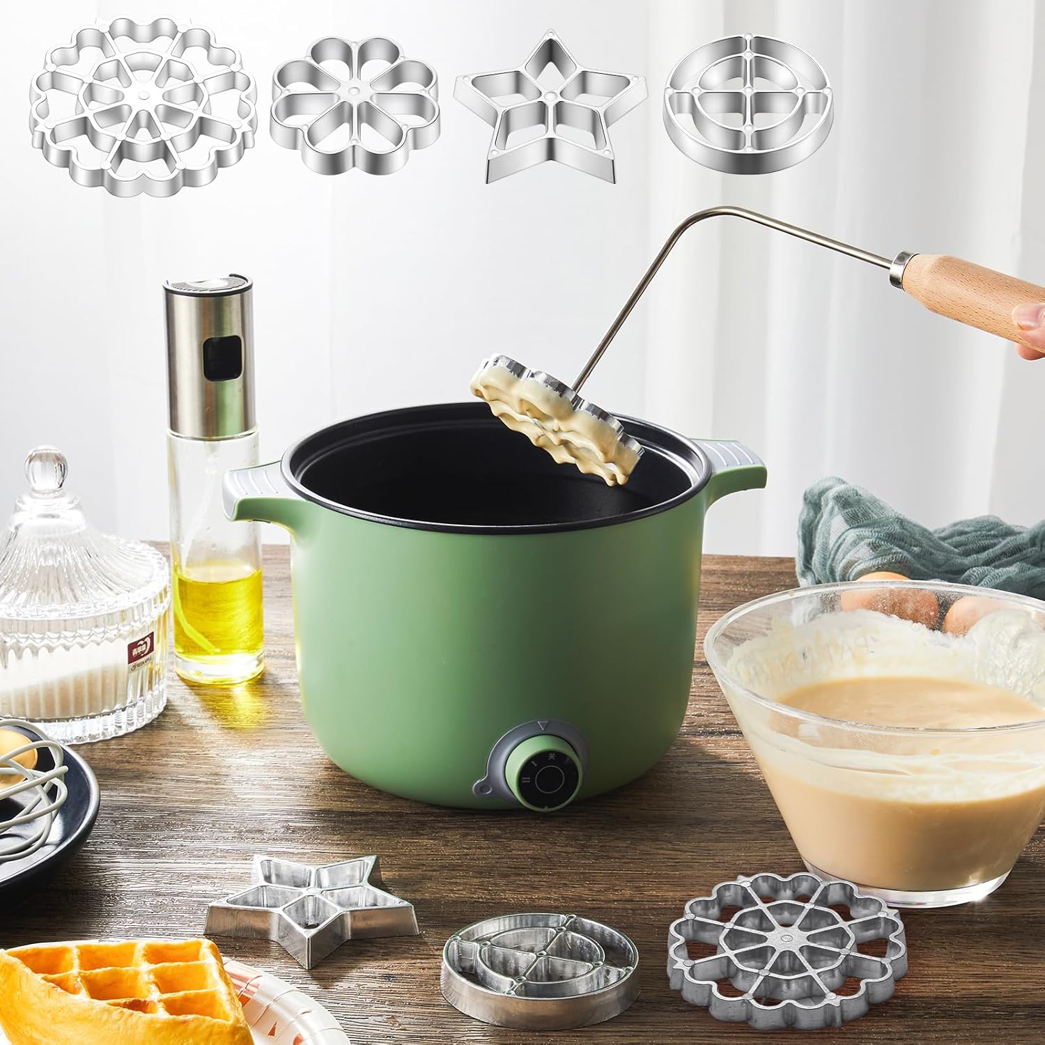 6 Pcs Rosette Iron Mold Set Bunuelos Mold with Handle Cooking Stamp Maker Kit Cookie Cutter Aluminum Alloy Waffle Maker with 3 Interchangeable Head Star Flower โ image 5