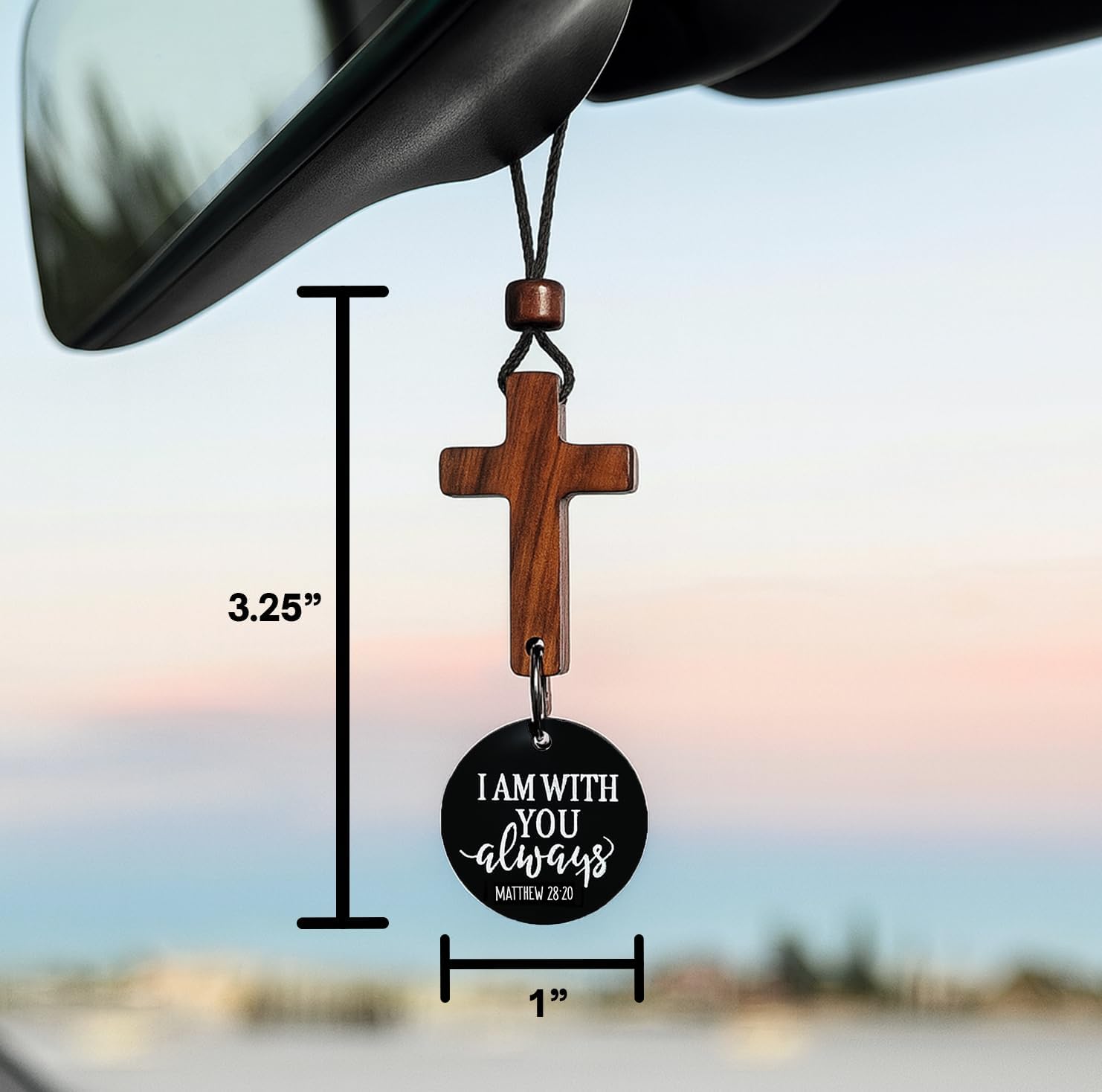 Daily Bible Verse Rearview Mirror Cross Ornament – Daily Scripture Car Hanging Cross with "I Am with You Always" Medallion (Black) — image 2