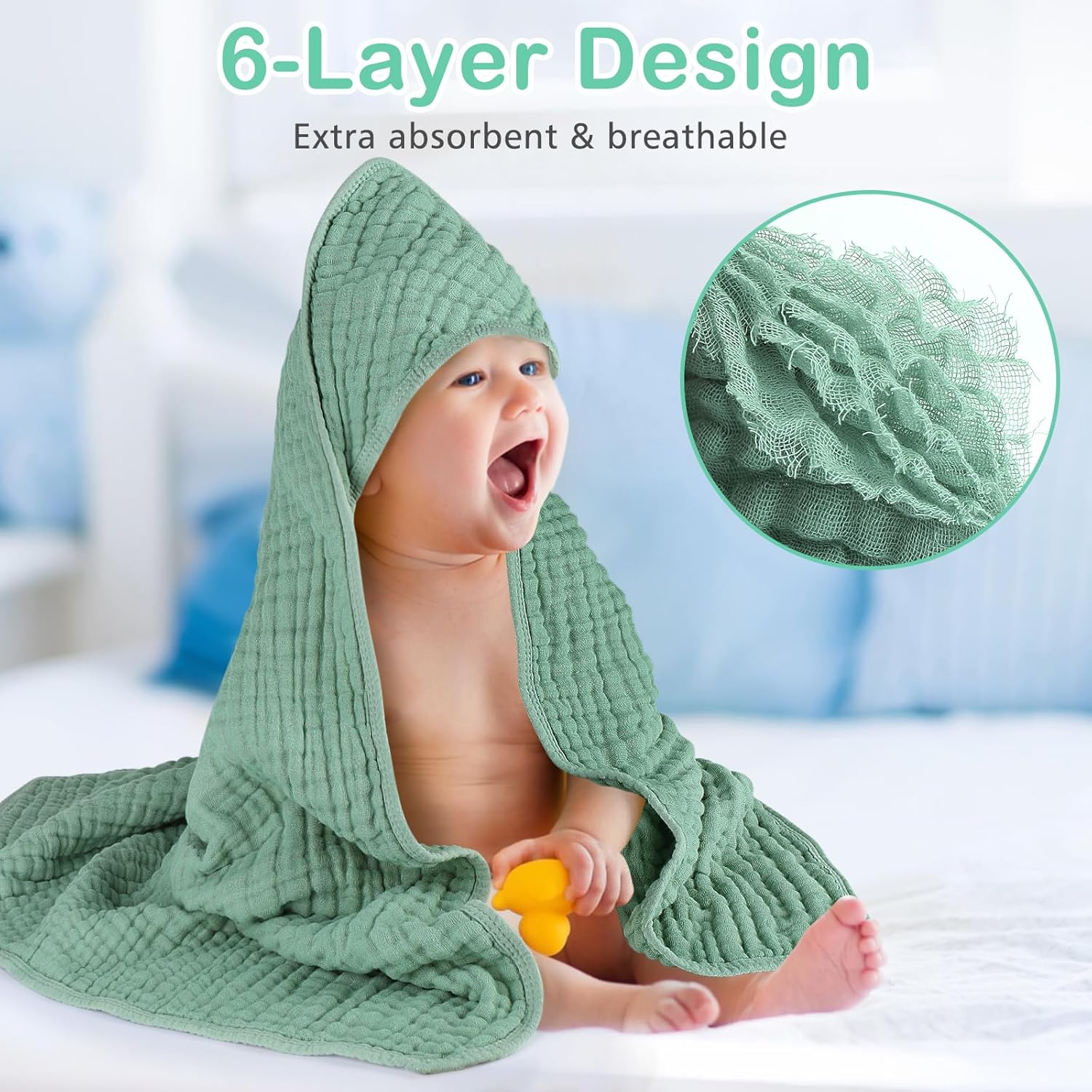 2 Pack Hooded Baby Towels, 100% Muslin Cotton Bath Towel for Babies, Newborn, Infant and Toddler, Absorbent Soft Baby Bath Towel with Hood, Boy and Girl Bath — image 5