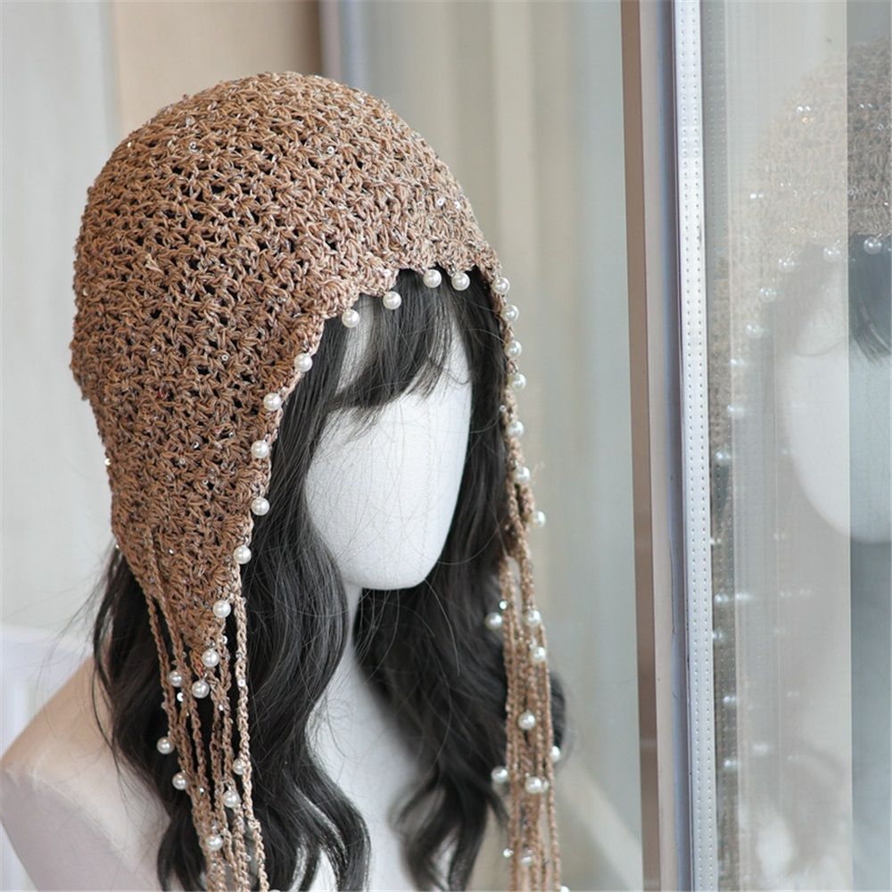 Women's crochet loose brimless cap, hand woven soft cap, spring, summer, autumn, winter with Tassel Handmade Knit Cap(khaki) — image 2