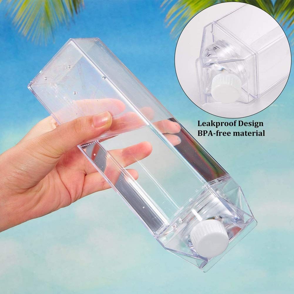 Milk Carton Water Bottle 17oz (500mL) Plastic Clear Square Milk Bottles No BPA Leakproof Water Bottle Portable Reusable — image 2