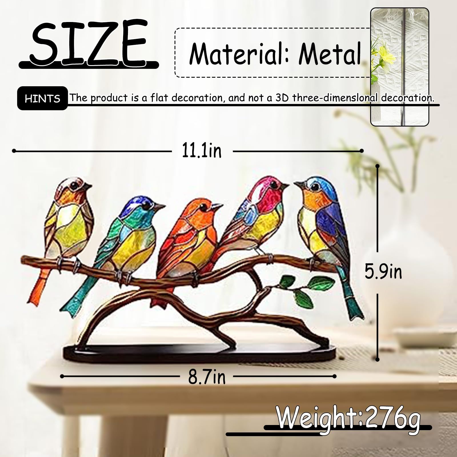 Stained Birds On Branch Desktop Ornaments Double Sided Metal Flatness Table for Office Wine Cooler Decor(5 Birds on a Branch) — image 2