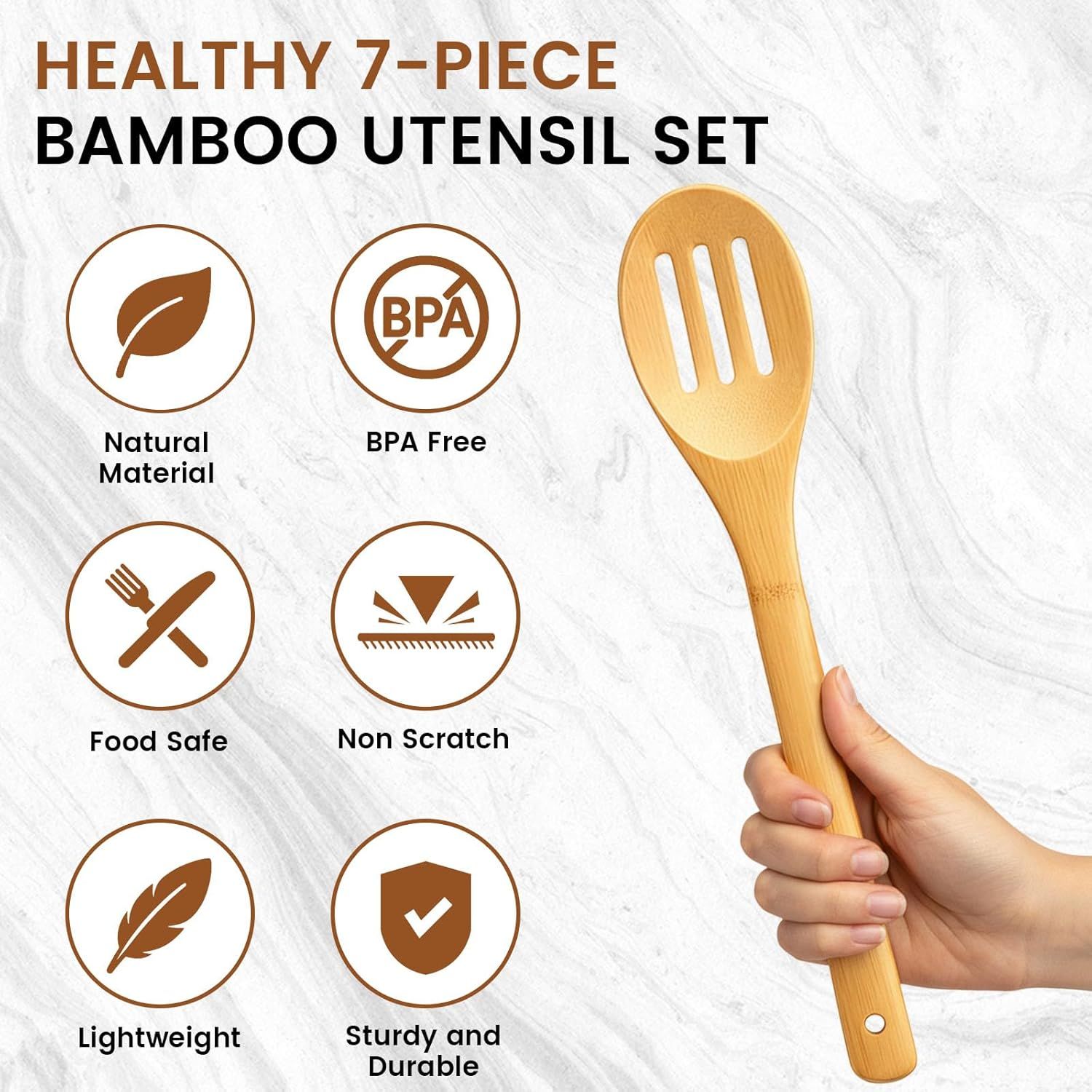 7-Piece Bamboo Kitchen Utensils Set, Wooden Spoons & Spatulas for Nonstick Cookware, Lightweight Heat-Resistant Cooking Tools with Comfortable Grip, Kitchen — image 4