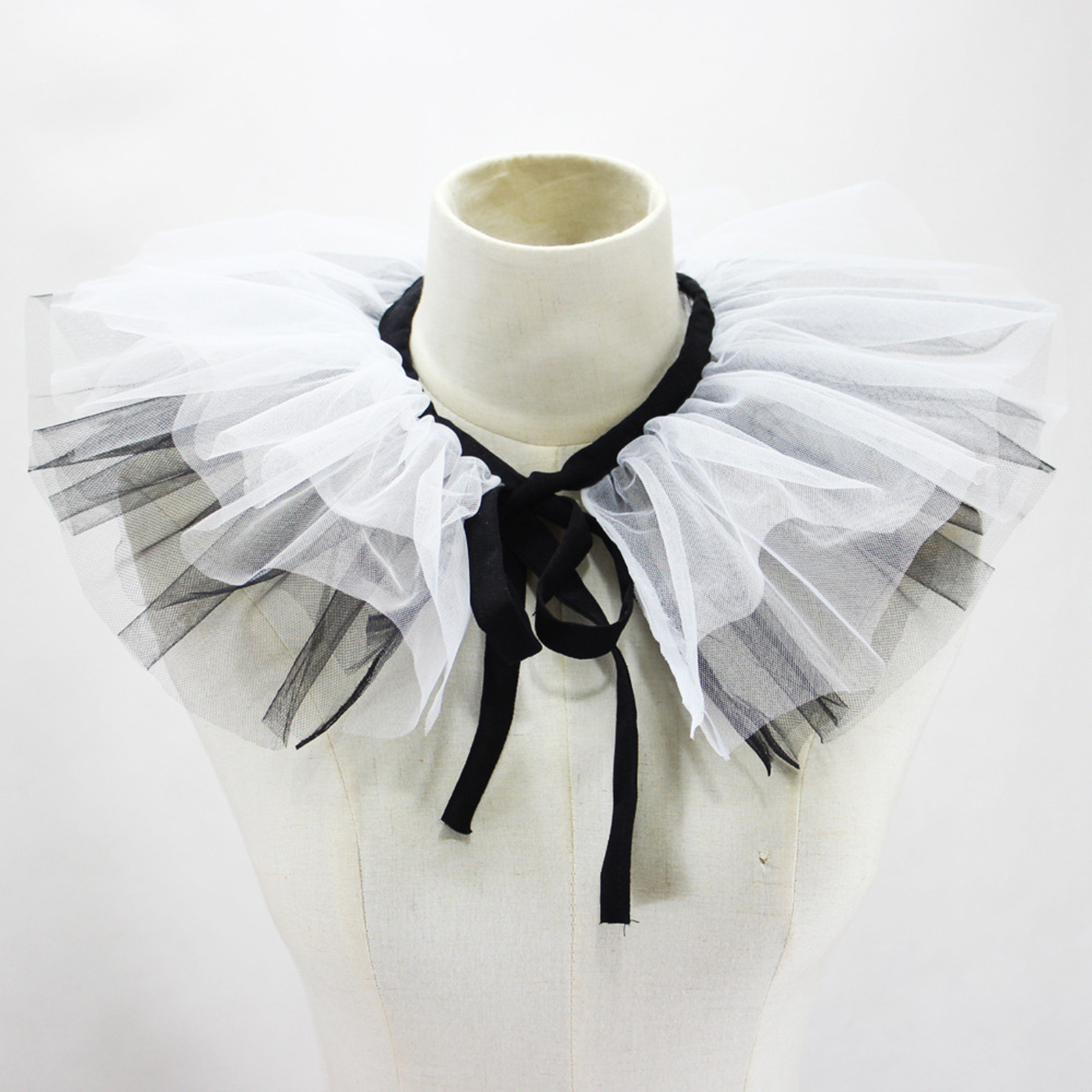 Women's Renaissance Tulle Ruffled False Collar Layered Black White Mesh Clown Choker Lace Up Victorian Neck Ruff Shawl Cosplay Props — image 2