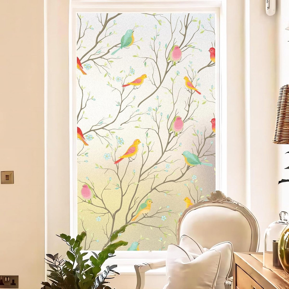 Window film - Glue-free adhesive film for windows and bathrooms - 30cm*1m - PVC - Static - Easy installation - Colorful - Branches and birds — image 3